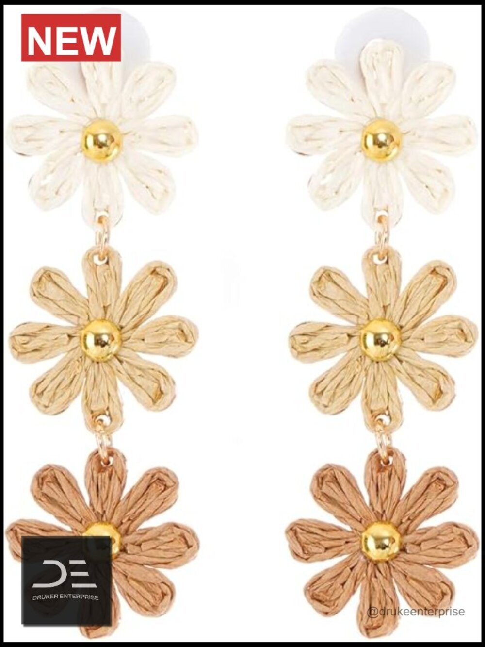 Raffia Flower Earrings Boho Handmade Straw Wrapped Drop Dangle